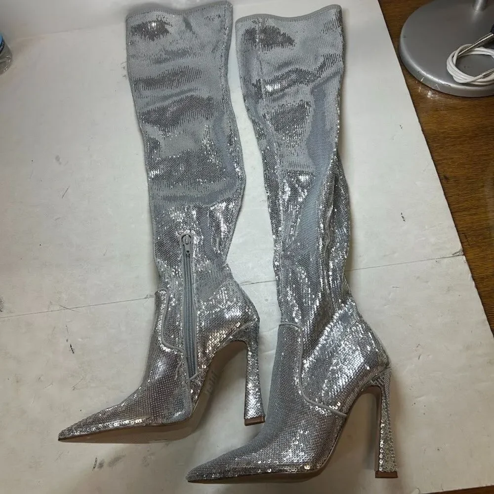 Steve Madden Women 5 M Silver Sequin Laddy Over The Knee Boots DISPLAY MR9